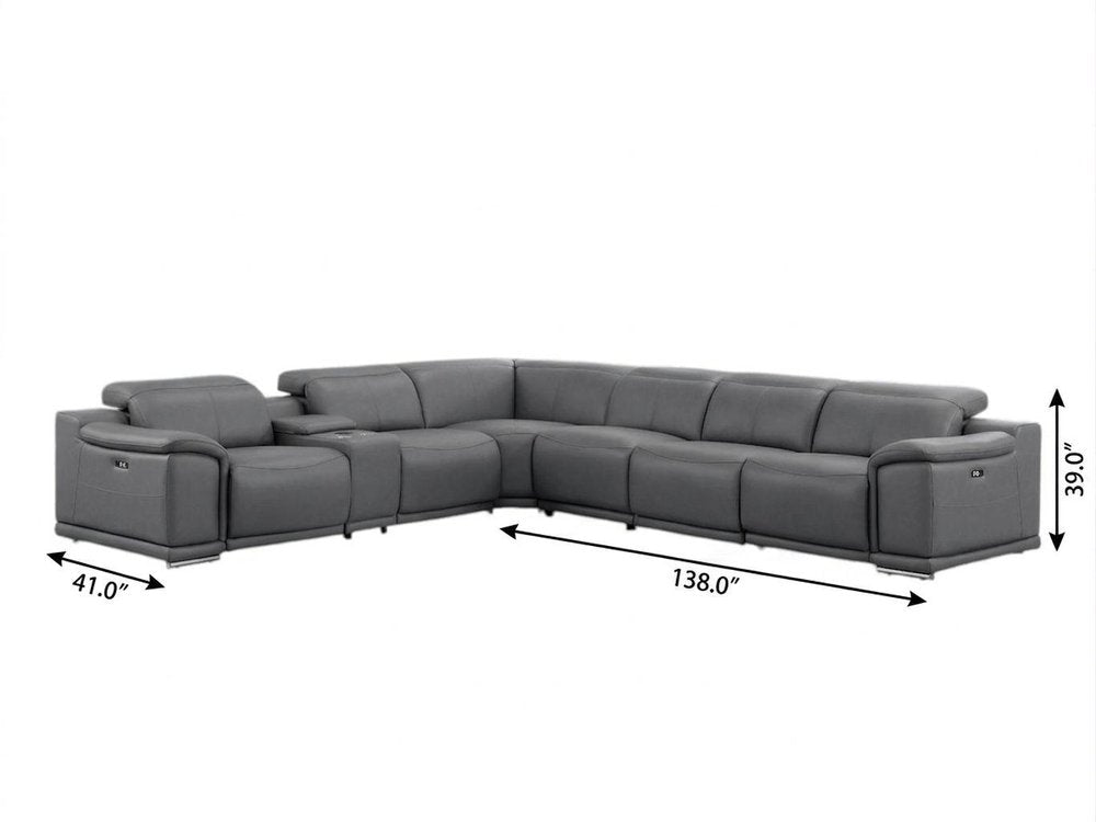 Battleship Gray Leather Modular L Shaped Seven Piece Corner Sectional With Console