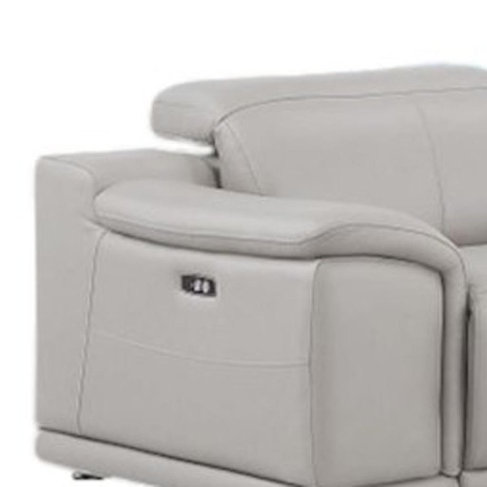 Ash Gray Leather Modular L Shaped Seven Piece Corner Sectional With Console on a white background
