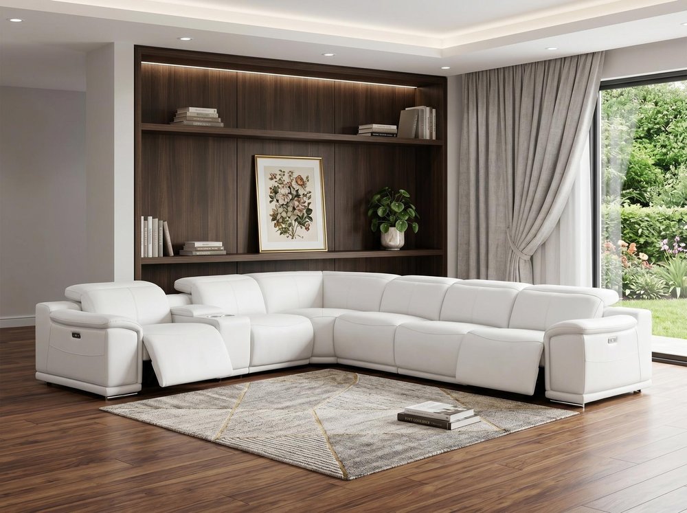 White Leather Modular L Shaped Seven Piece Corner Sectional With Console in a home interior