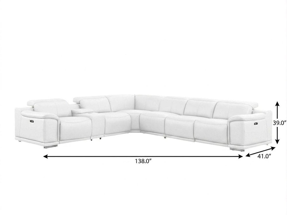 White Leather Modular L Shaped Seven Piece Corner Sectional With Console on a white background