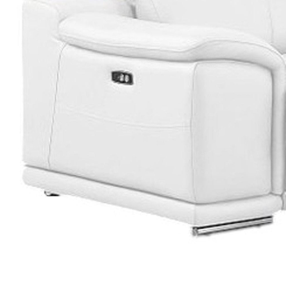 White Leather Modular L Shaped Seven Piece Corner Sectional With Console on a white background