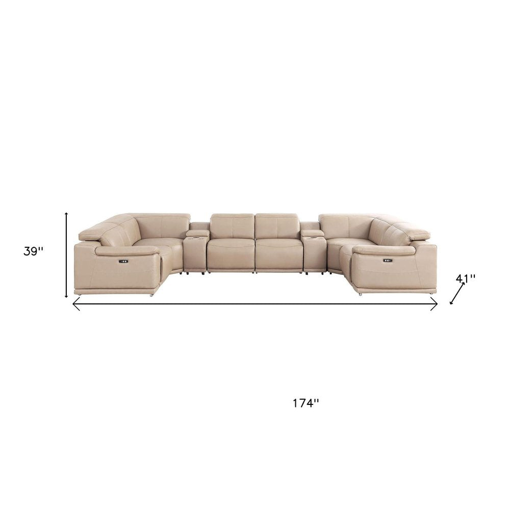 Beige Leather Power Reclining U Shaped Eight Piece Corner Sectional With Console