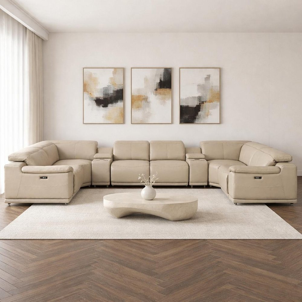 Beige Leather Power Reclining U Shaped Eight Piece Corner Sectional With Console