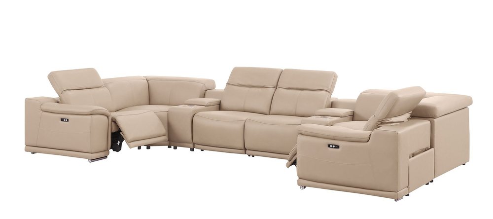 Beige Leather Power Reclining U Shaped Eight Piece Corner Sectional With Console