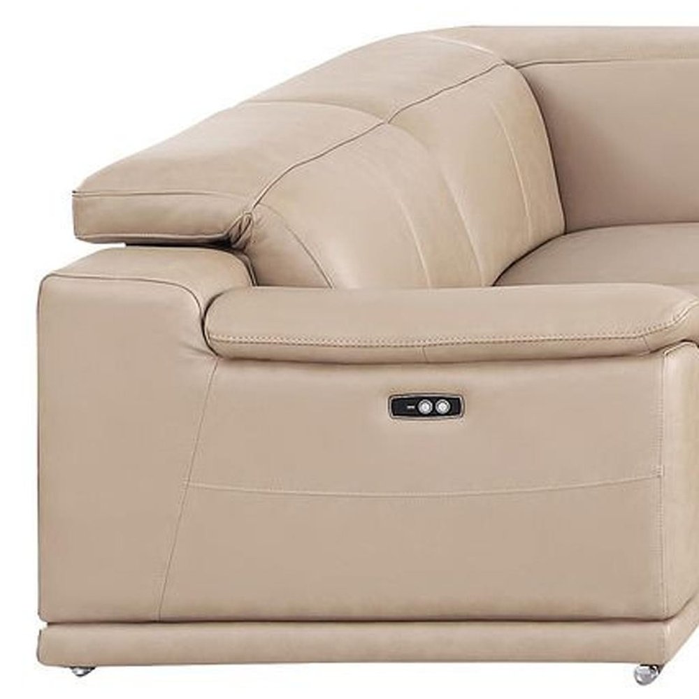 Beige Leather Power Reclining U Shaped Eight Piece Corner Sectional With Console