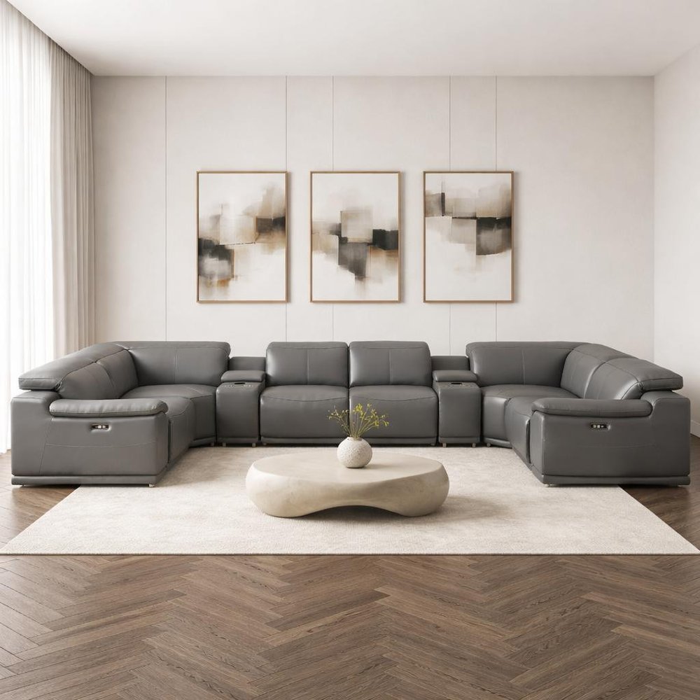 Battleship Gray Leather Power Reclining U Shaped Eight Piece Corner Sectional With Console