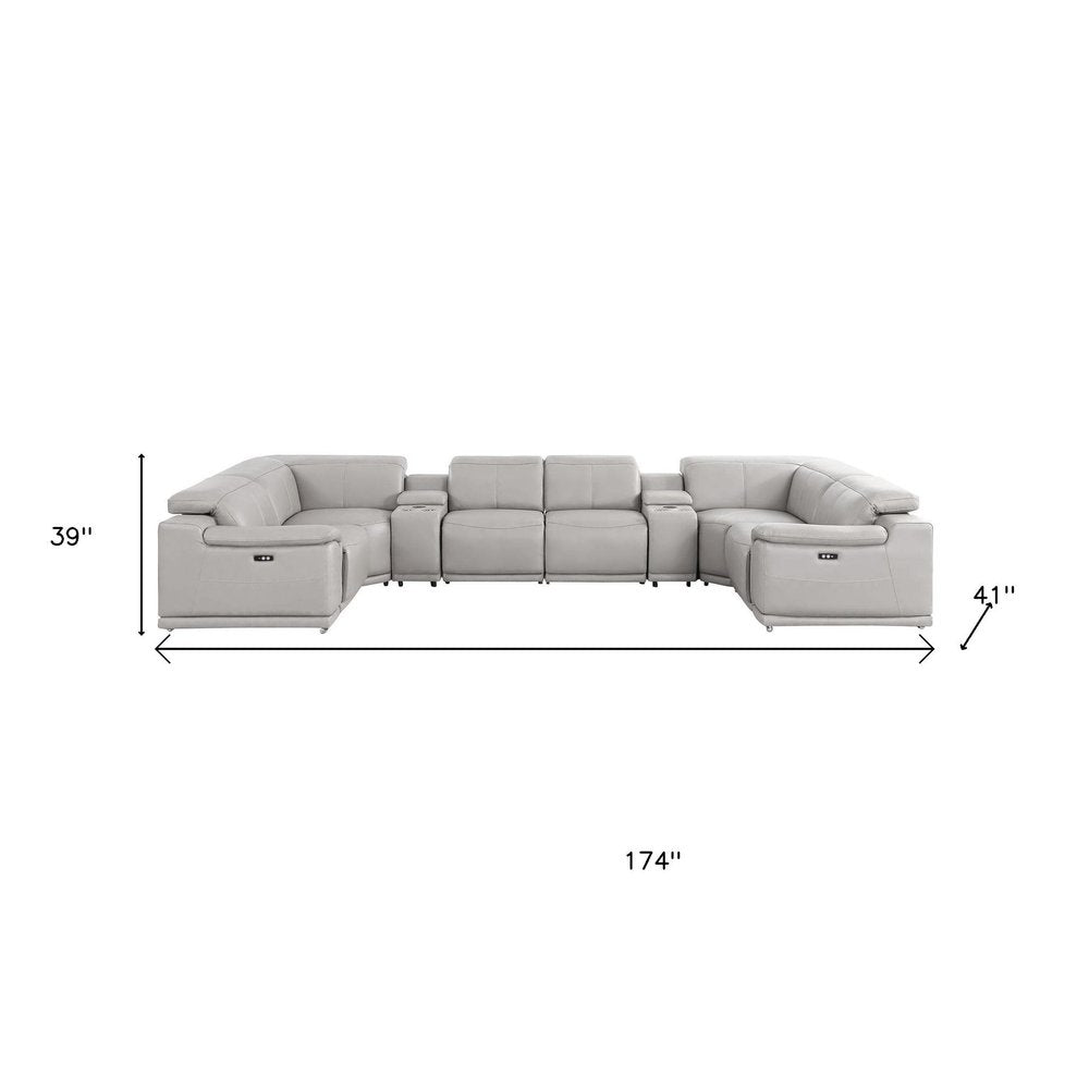 Ash Gray Leather Power Reclining U Shaped Eight Piece Corner Sectional With Console