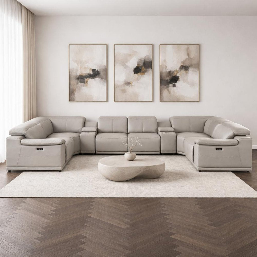 Ash Gray Leather Power Reclining U Shaped Eight Piece Corner Sectional With Console