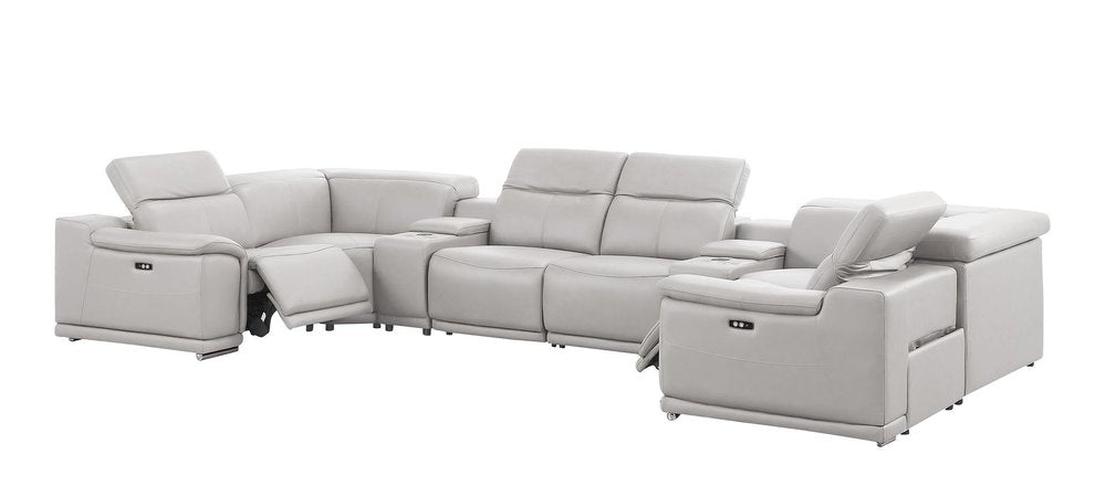 Ash Gray Leather Power Reclining U Shaped Eight Piece Corner Sectional With Console