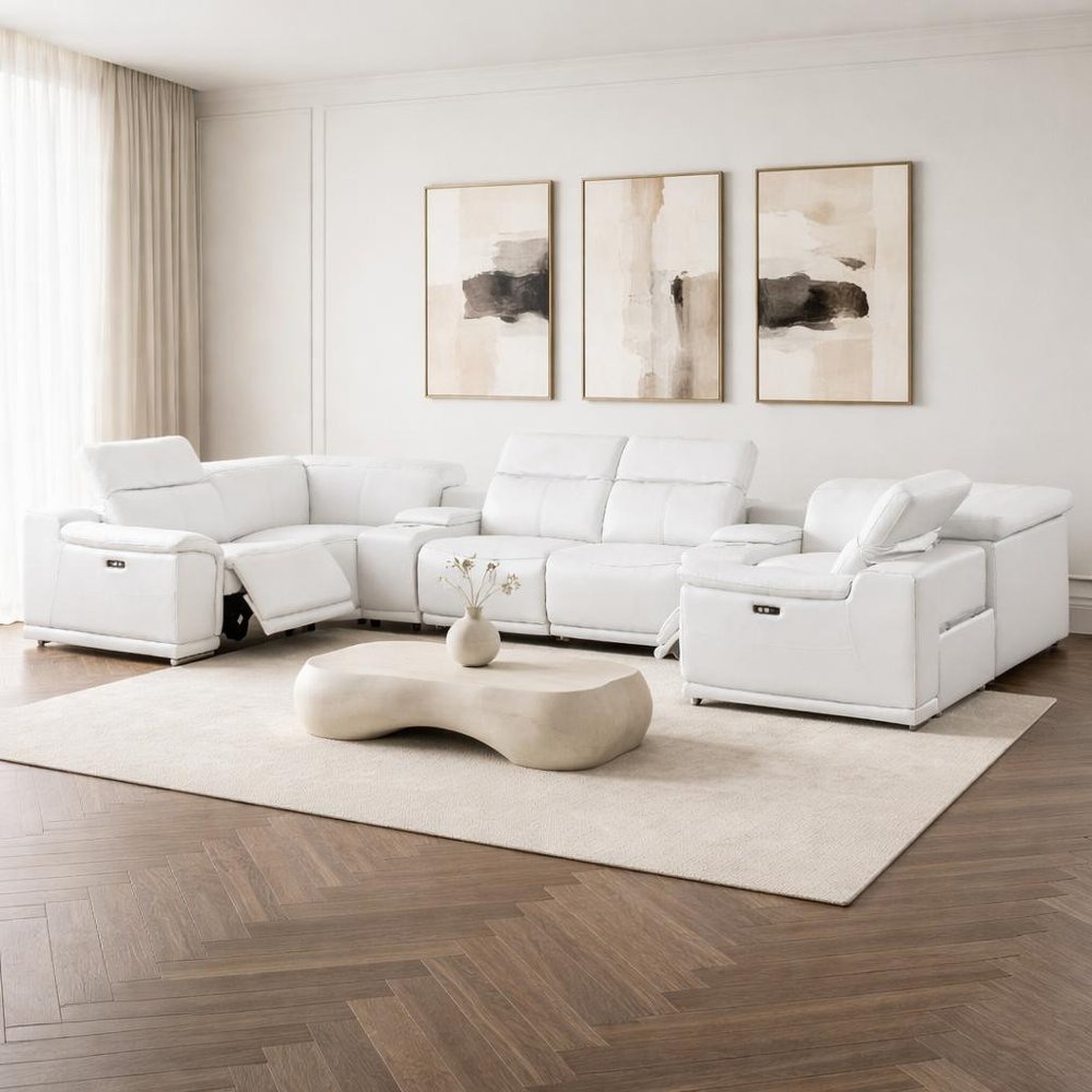 White Leather Modular U Shaped Eight Piece Corner Sectional With Console close-up detail
