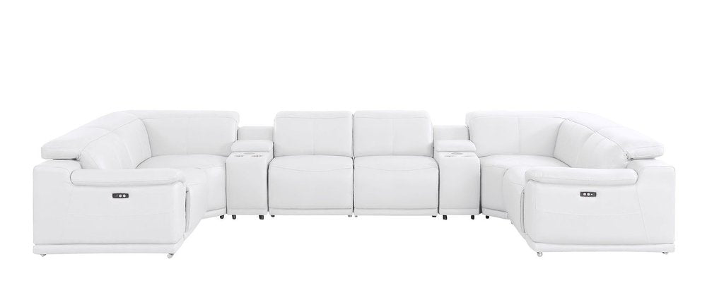 White Leather Modular U Shaped Eight Piece Corner Sectional With Console on a white background