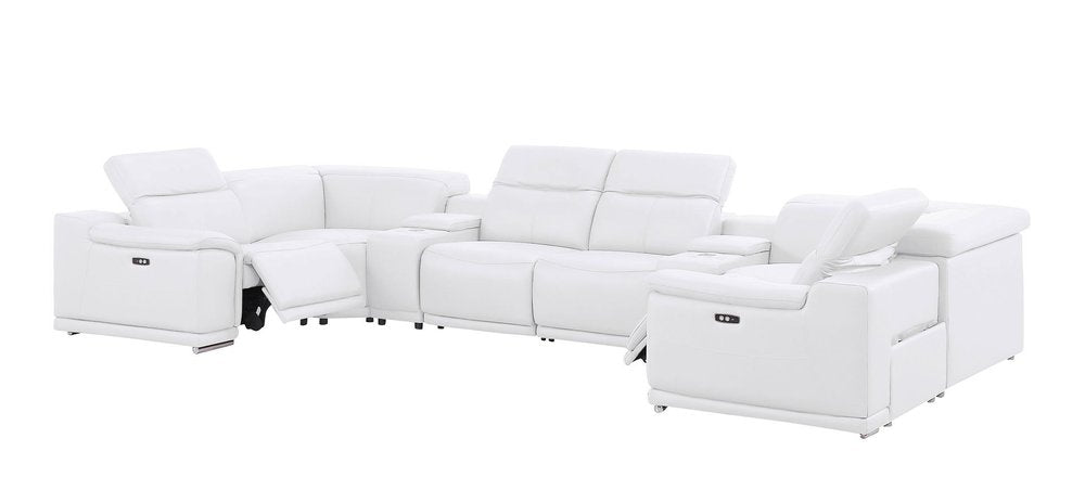 White Leather Modular U Shaped Eight Piece Corner Sectional With Console on a white background