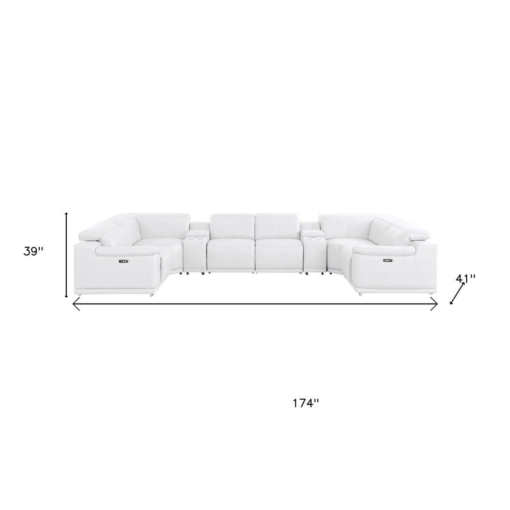 White Leather Modular U Shaped Eight Piece Corner Sectional With Console on a white background