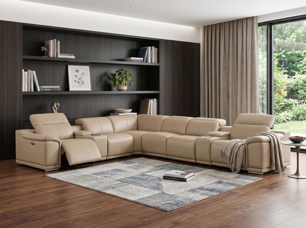 Beige Leather Modular L Shaped Eight Piece Corner Sectional With Console
