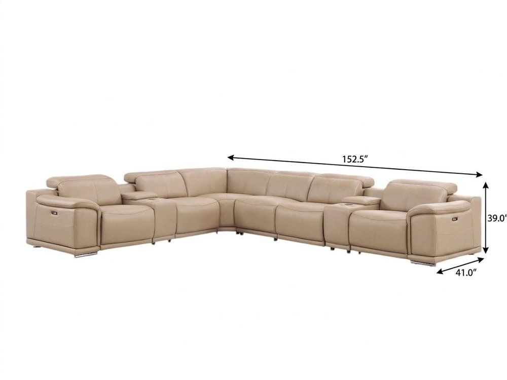 Beige Leather Modular L Shaped Eight Piece Corner Sectional With Console