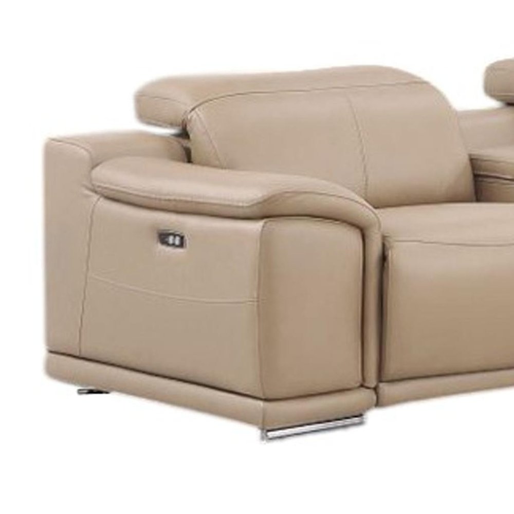 Beige Leather Modular L Shaped Eight Piece Corner Sectional With Console