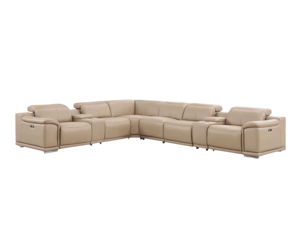 Beige Leather Modular L Shaped Eight Piece Corner Sectional With Console