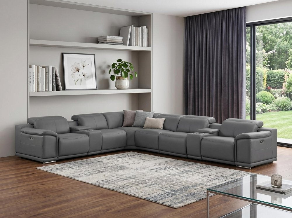 Battleship Gray Leather Modular L Shaped Eight Piece Corner Sectional With Console