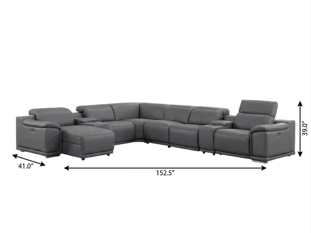 Battleship Gray Leather Modular L Shaped Eight Piece Corner Sectional With Console