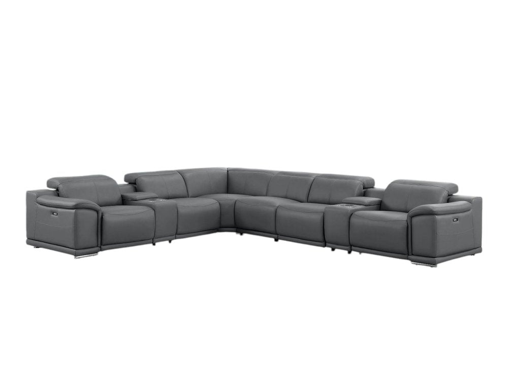 Battleship Gray Leather Modular L Shaped Eight Piece Corner Sectional With Console