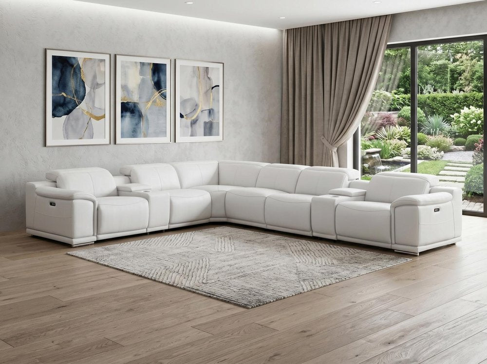 White Leather Modular L Shaped Eight Piece Corner Sectional With Console in a home interior