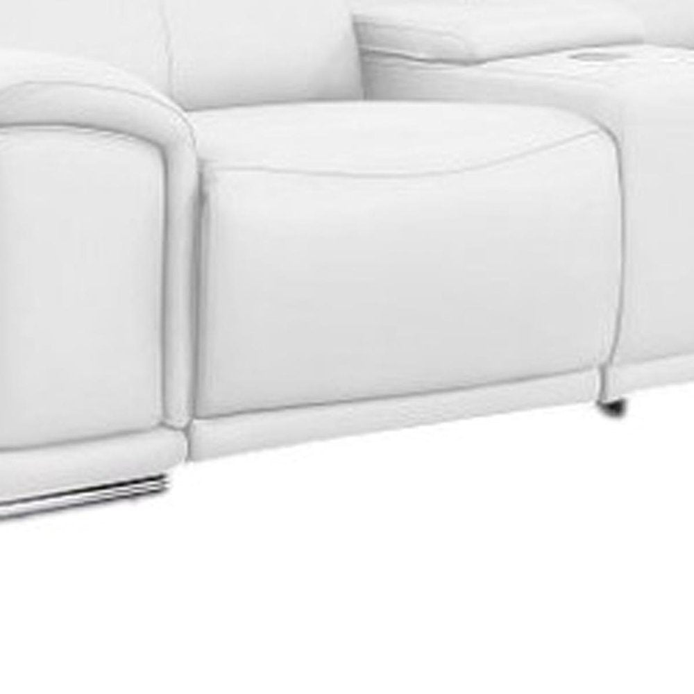 White Leather Modular L Shaped Eight Piece Corner Sectional With Console on a white background