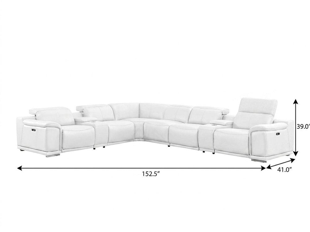White Leather Modular L Shaped Eight Piece Corner Sectional With Console on a white background