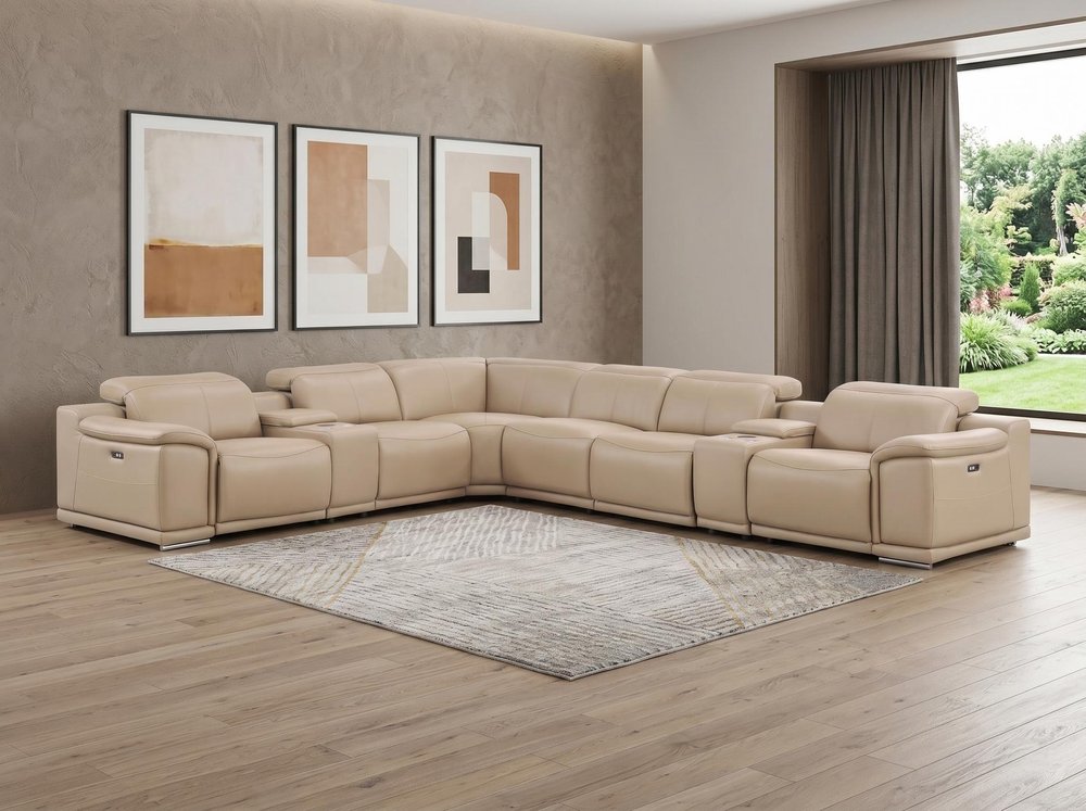 Beige Leather Modular L Shaped Eight Piece Corner Sectional With Console