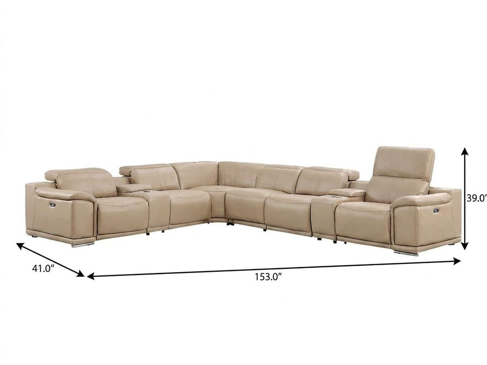 Beige Leather Modular L Shaped Eight Piece Corner Sectional With Console
