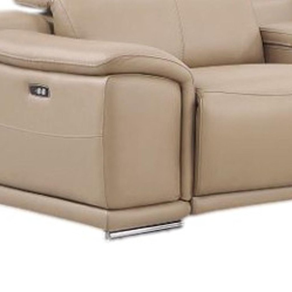 Beige Leather Modular L Shaped Eight Piece Corner Sectional With Console