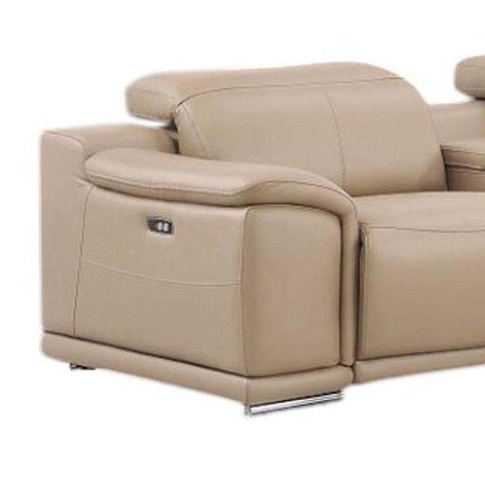 Beige Leather Modular L Shaped Eight Piece Corner Sectional With Console
