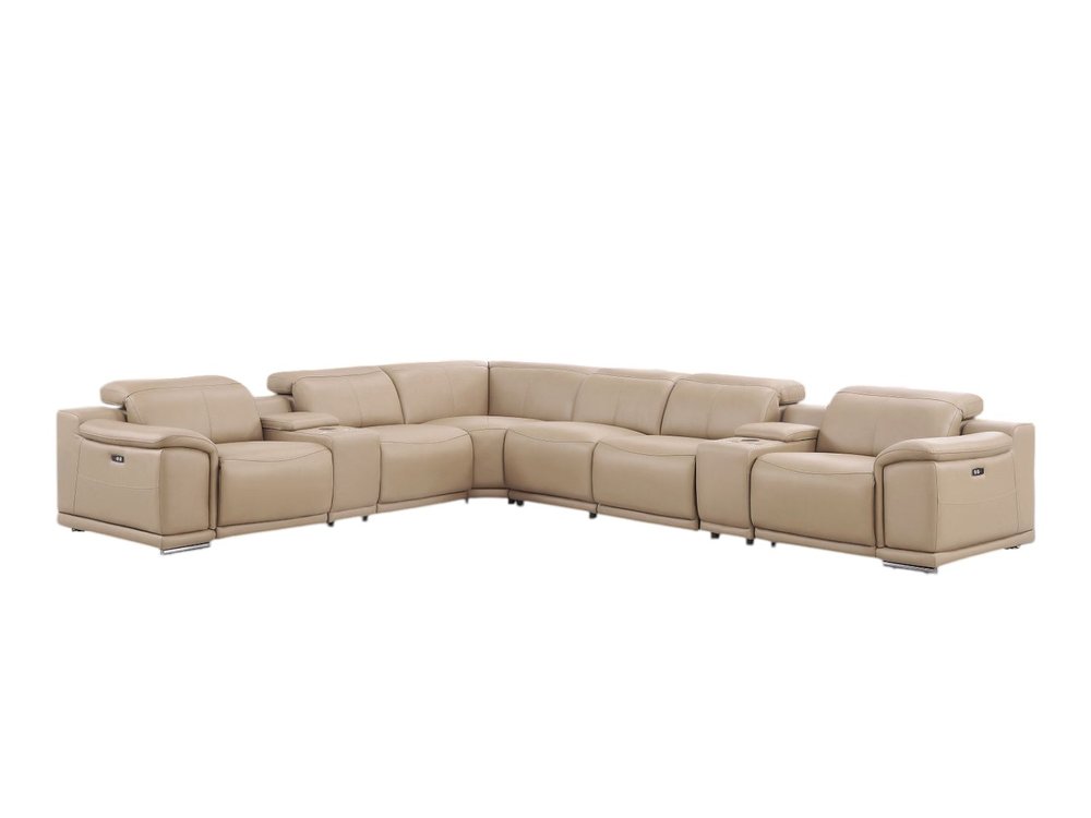 Beige Leather Modular L Shaped Eight Piece Corner Sectional With Console