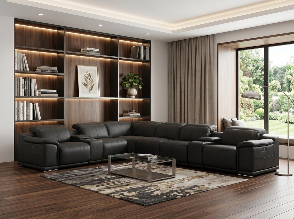 Black Leather Modular L Shaped Eight Piece Corner Sectional With Console