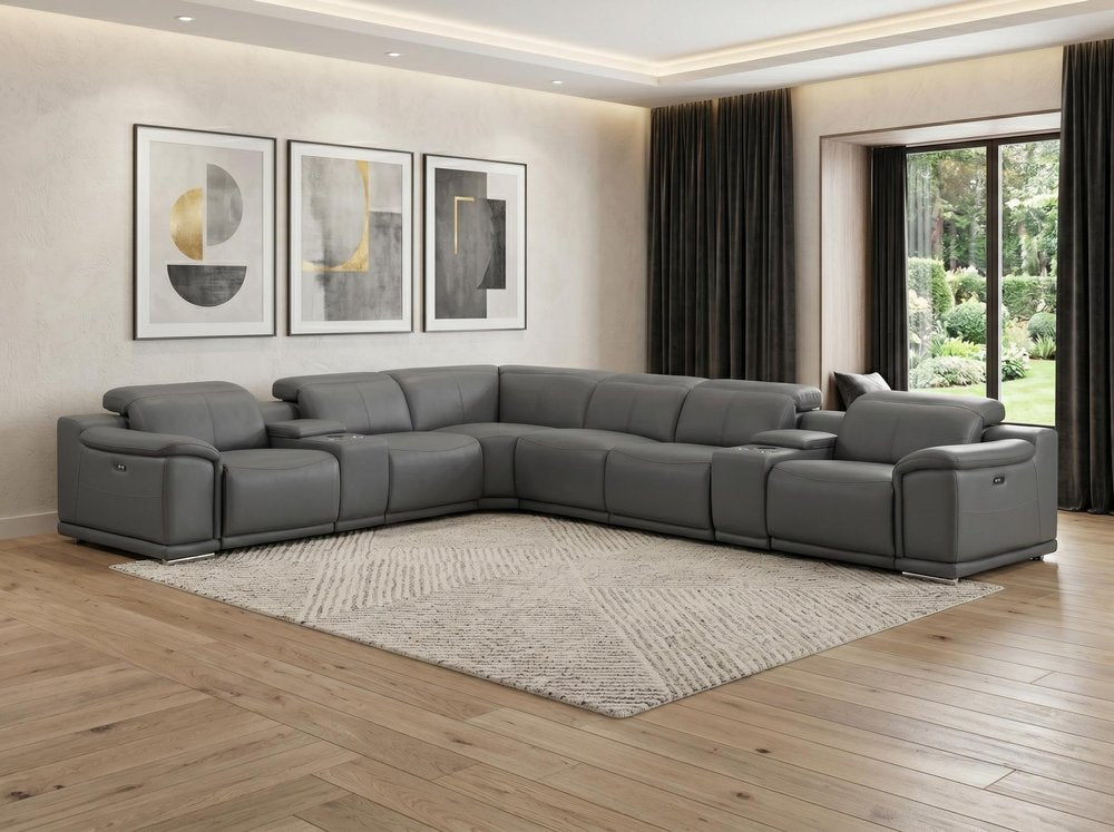 Battleship Gray Leather Modular L Shaped Eight Piece Corner Sectional With Console