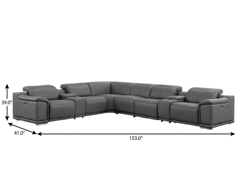 Battleship Gray Leather Modular L Shaped Eight Piece Corner Sectional With Console