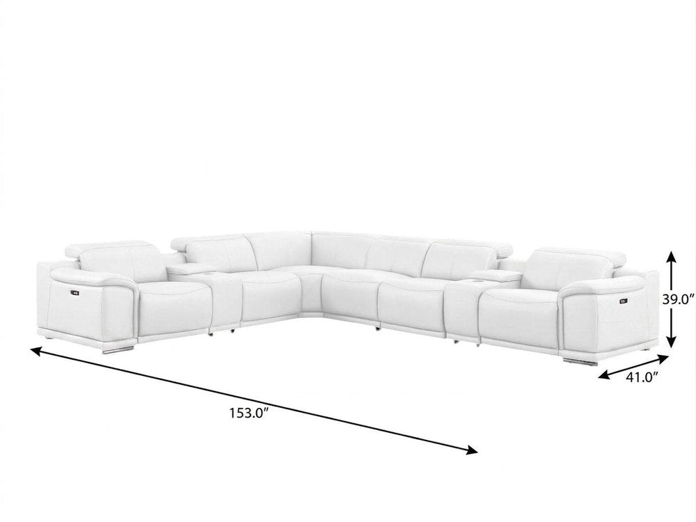 White Leather Modular L Shaped Eight Piece Corner Sectional With Console on a white background