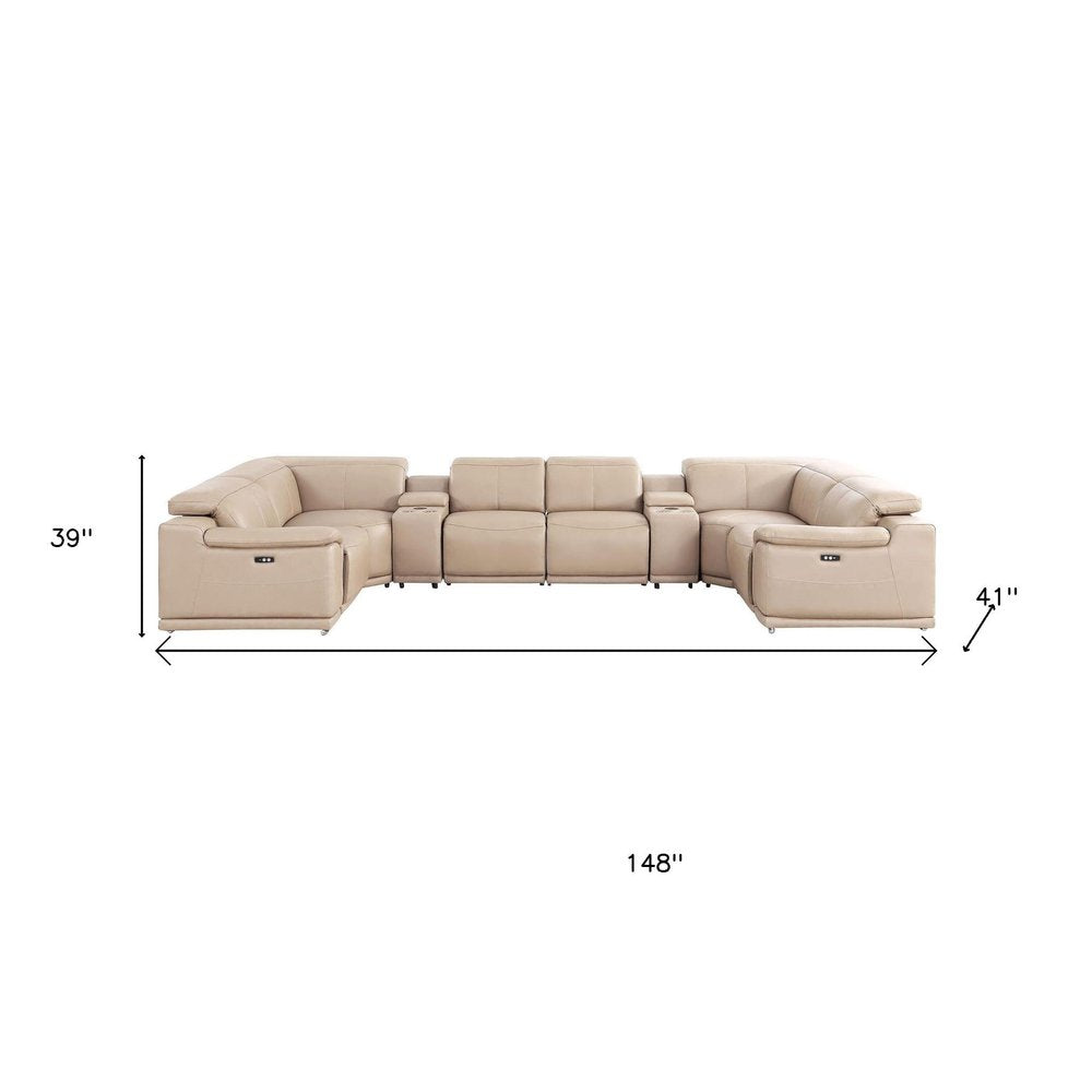 Beige Leather Power Reclining U Shaped Eight Piece Corner Sectional With Console