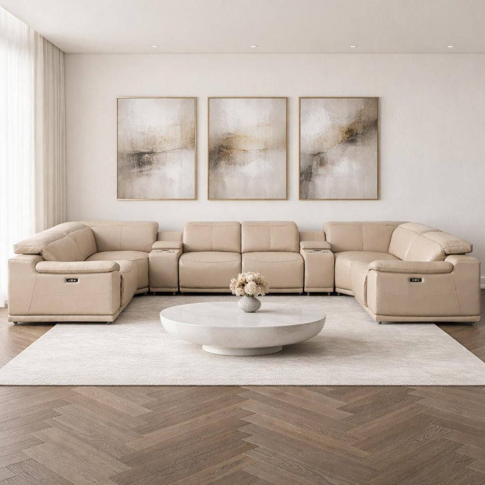 Beige Leather Power Reclining U Shaped Eight Piece Corner Sectional With Console