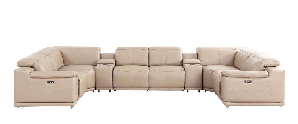 Beige Leather Power Reclining U Shaped Eight Piece Corner Sectional With Console