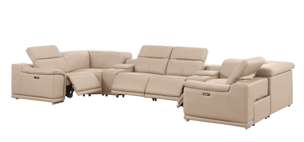 Beige Leather Power Reclining U Shaped Eight Piece Corner Sectional With Console