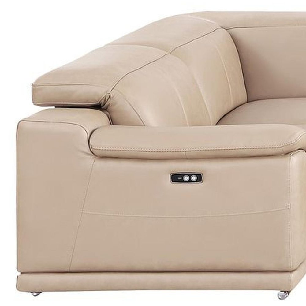 Beige Leather Power Reclining U Shaped Eight Piece Corner Sectional With Console