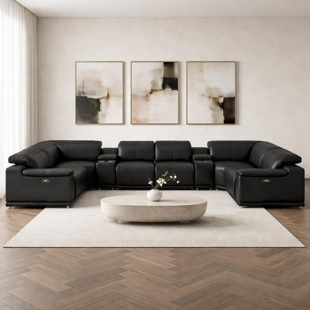 Black Leather Power Reclining U Shaped Eight Piece Corner Sectional With Console