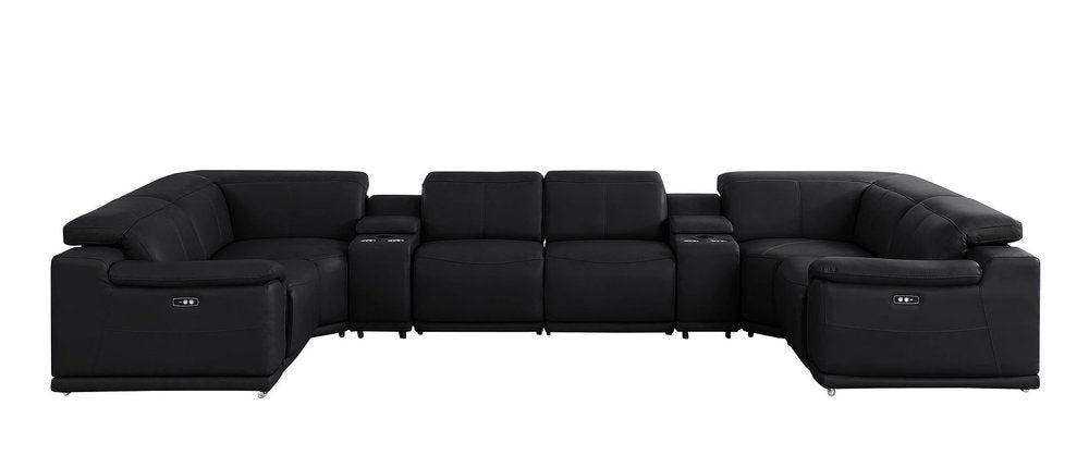Black Leather Power Reclining U Shaped Eight Piece Corner Sectional With Console