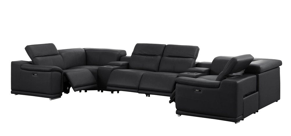 Black Leather Power Reclining U Shaped Eight Piece Corner Sectional With Console
