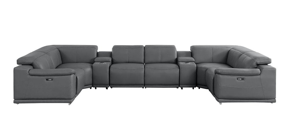Battleship Gray Leather Power Reclining U Shaped Eight Piece Corner Sectional With Console on a white background