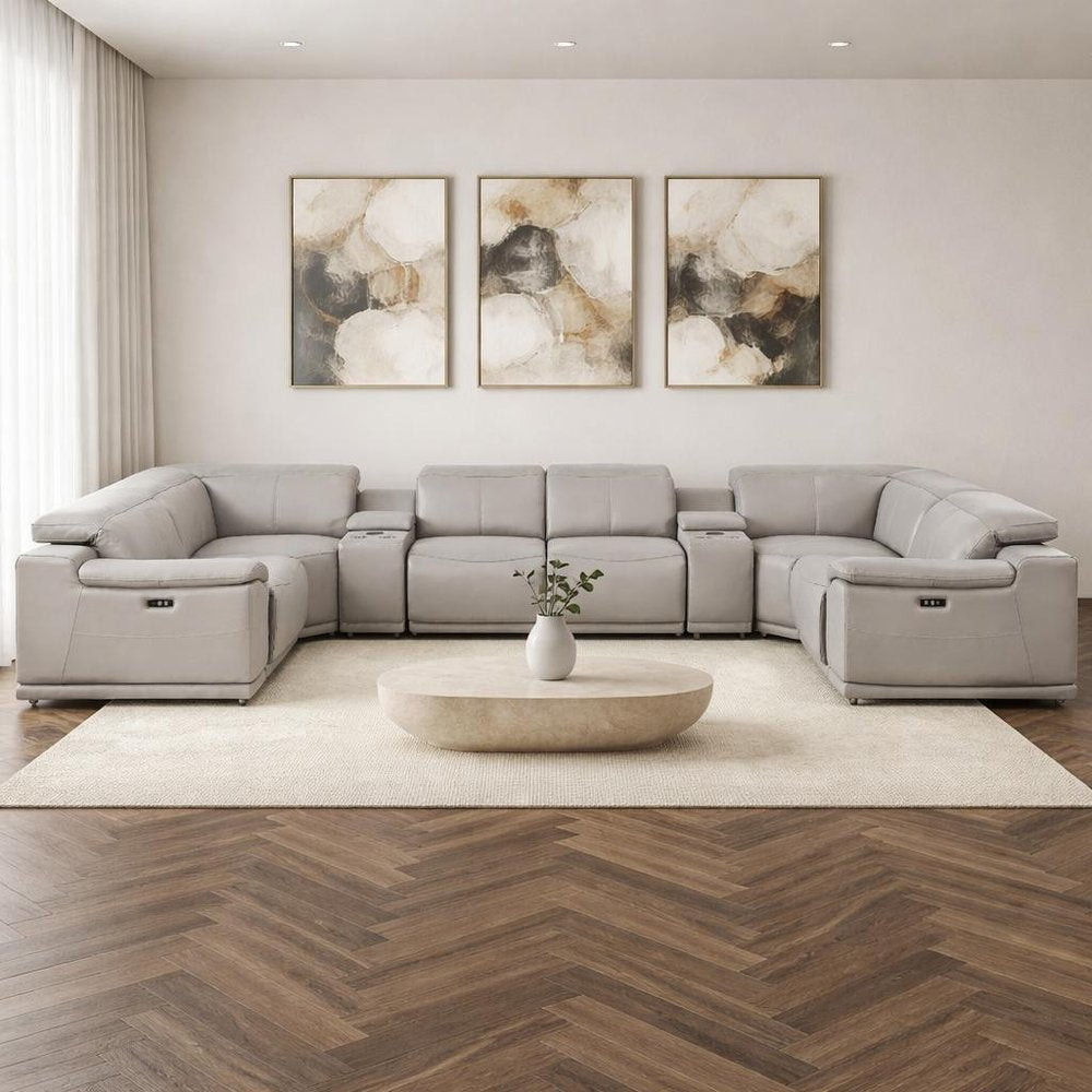 Ash Gray Leather Power Reclining U Shaped Eight Piece Corner Sectional With Console