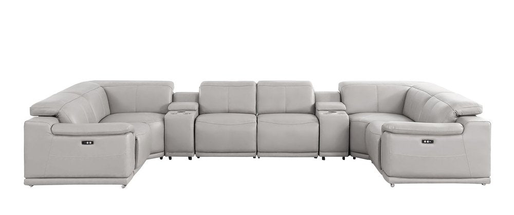 Ash Gray Leather Power Reclining U Shaped Eight Piece Corner Sectional With Console