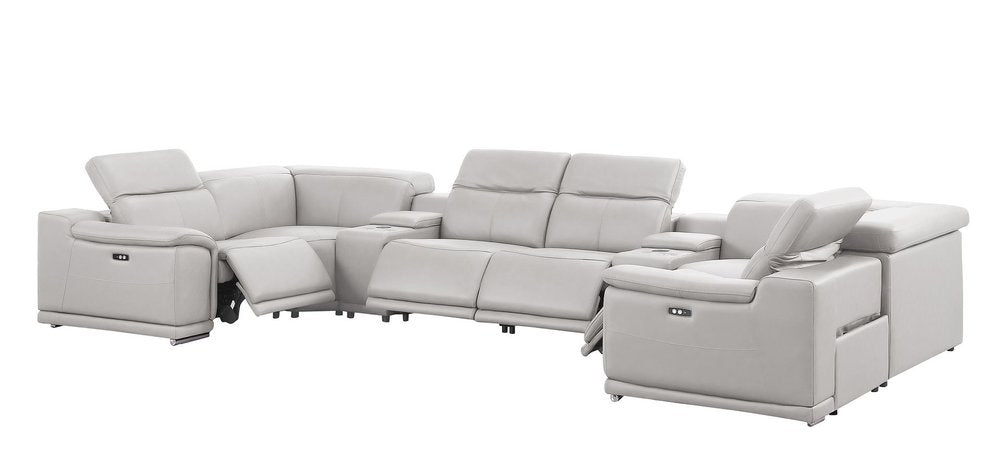 Ash Gray Leather Power Reclining U Shaped Eight Piece Corner Sectional With Console