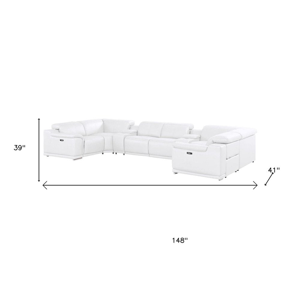 White Leather Power Reclining U Shaped Eight Piece Corner Sectional With Console on a white background