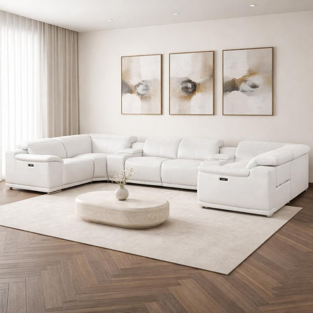 White Leather Power Reclining U Shaped Eight Piece Corner Sectional With Console close-up detail
